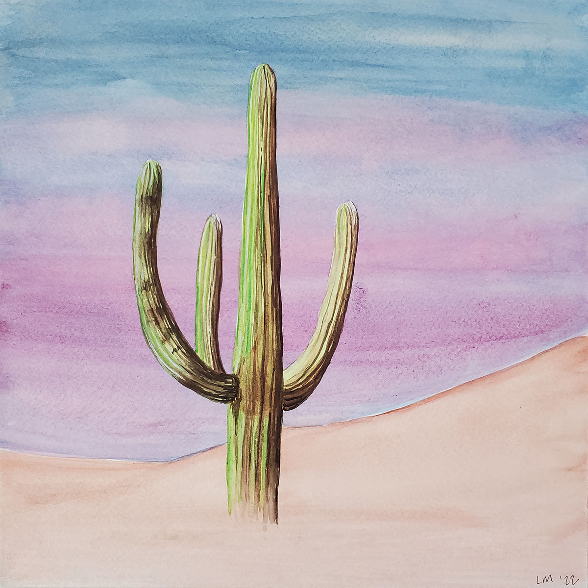 Original watercolor painting of single saguaro cactus Painting is mounted on wood panel, wire on the back- ready to hang 10 inches x 10 inches x 3/8 inch Signed 2022