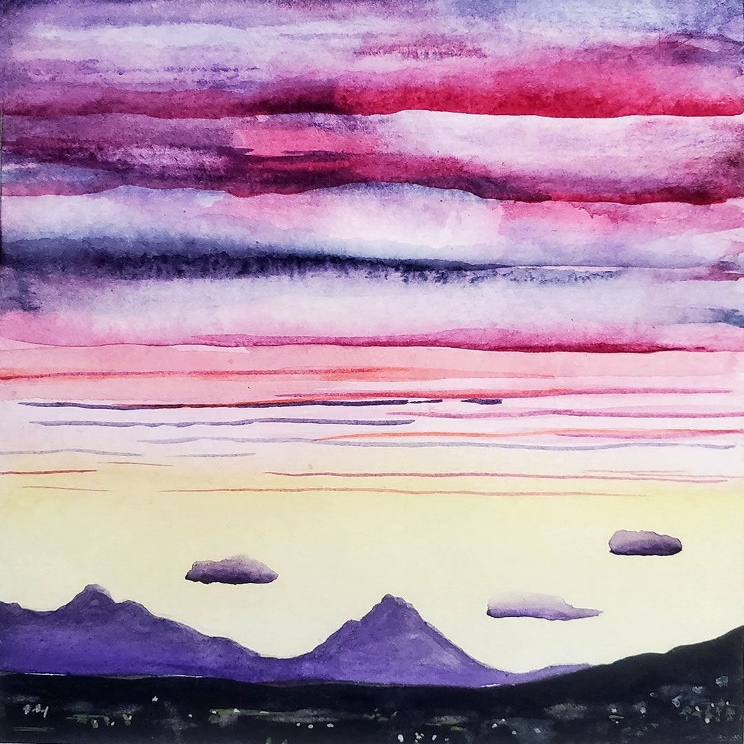 Original watercolor painting
Sunrise in the Sonoran Desert, in Tucson, Arizona

5 inches x 5 inches
Painting is mounted on wood panel, easy to hang or set on shelf
Signed on back