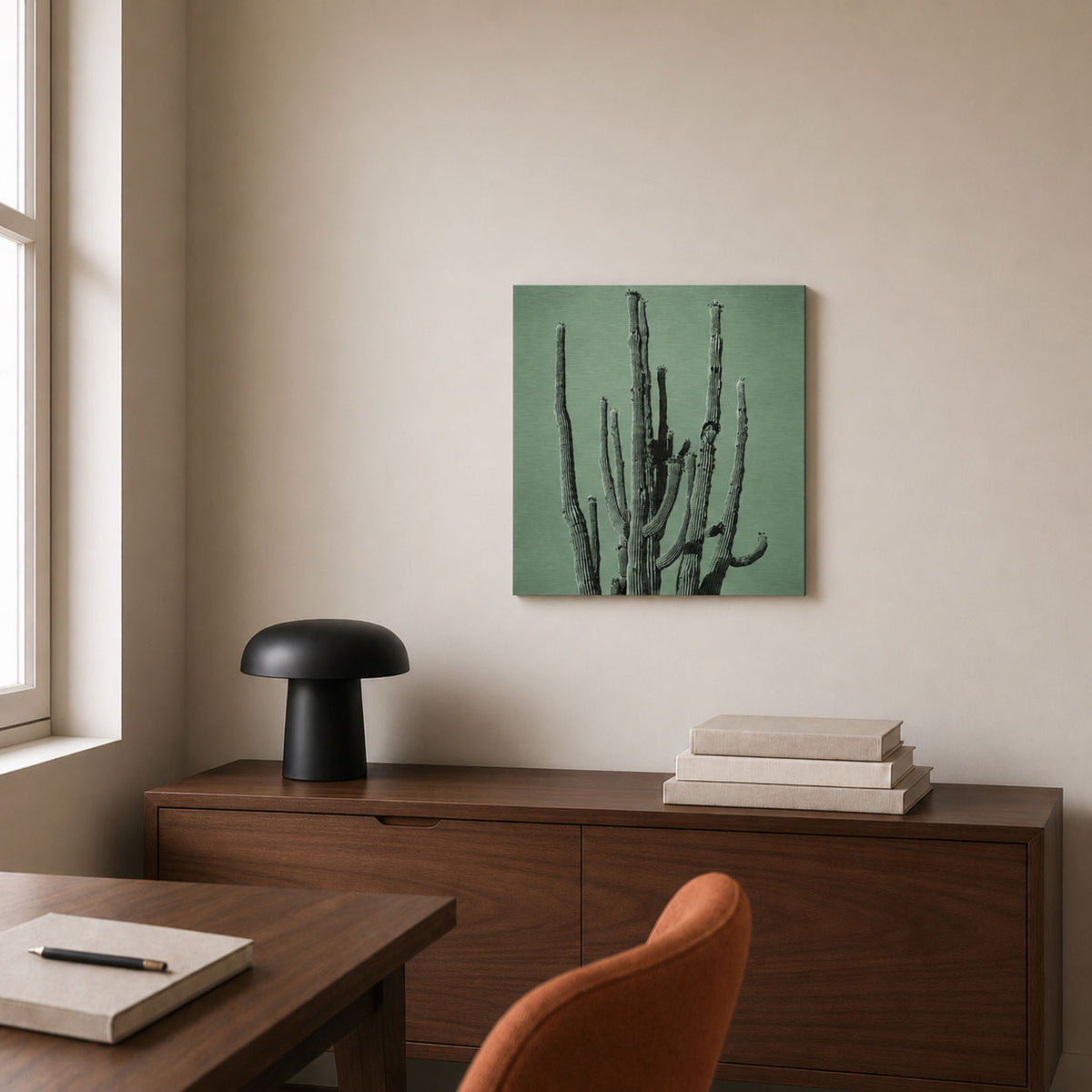 Many Arms Saguaro Cactus - Brushed Aluminum Print, Faded Green