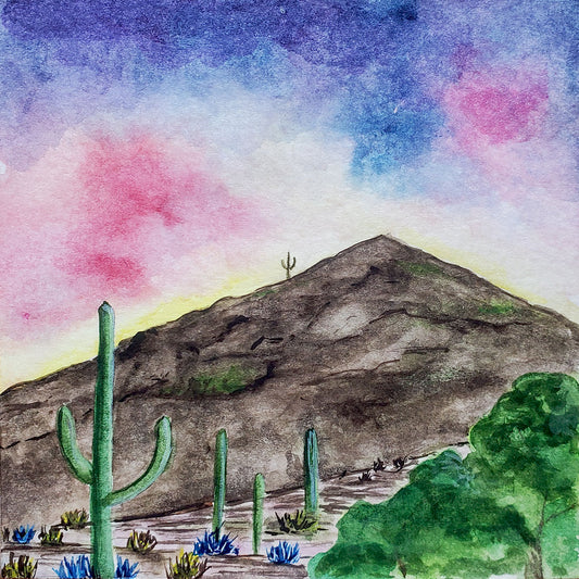 Original watercolor painting, mounted on board Sunset behind the hill on the south side Height: 5 inches, Width: 5 inches, Depth: approx 1 inch Border is painted dark metallic bronze Signed on back 2023 Ready to hang!