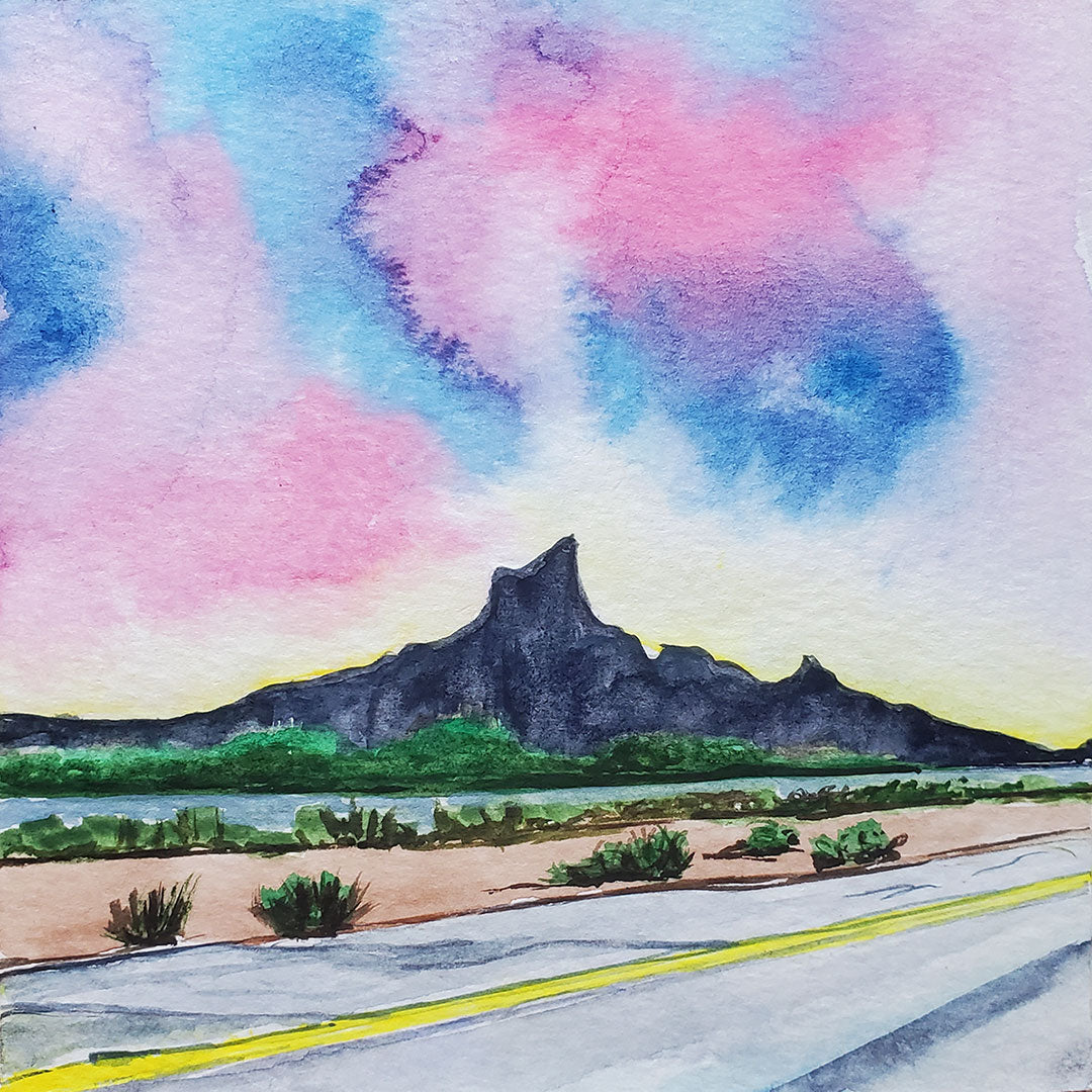 Original watercolor painting, mounted on board Painting Picacho Peak, on the drive from Tucson to Phoenix Height: 5 inches, Width: 5 inches, Depth: approx 1 inch Border is painted dark metallic bronze Signed on back 2023 Ready to hang!