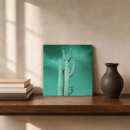 Blossoming Saguaro - Brushed Aluminum Print - Deep Sea