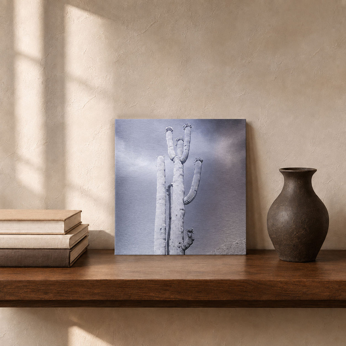 Blossoming Saguaro - Brushed Aluminum Print - Black & White