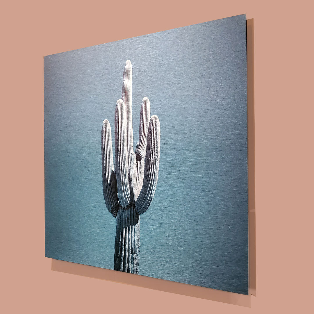 Single Saguaro - Brushed Aluminum Print - Cyan Sky