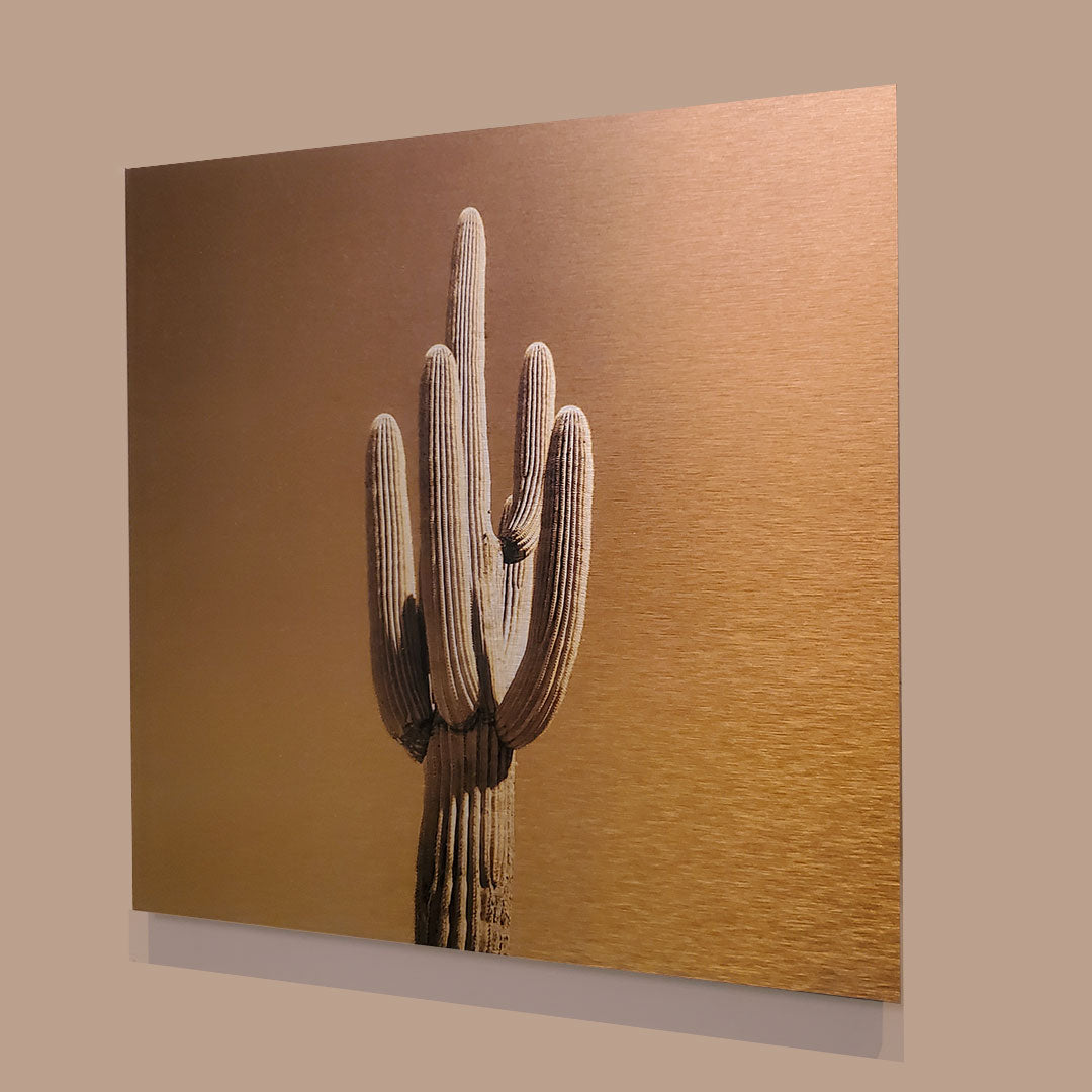 Single Saguaro - Brushed Aluminum Print - Warm Orange