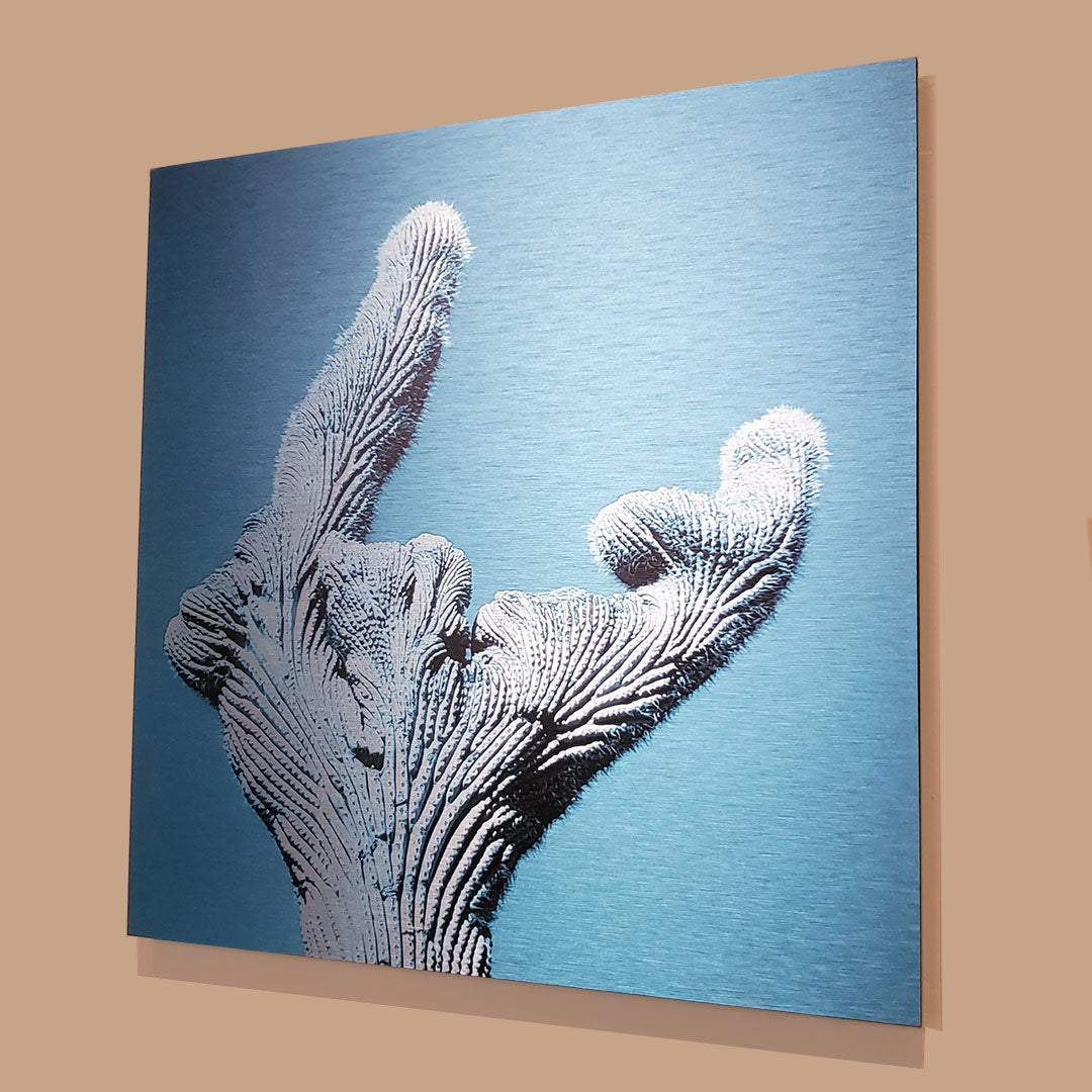 Wave, Crested Cactus Wave - Brushed Aluminum Print - Saturated Cyan