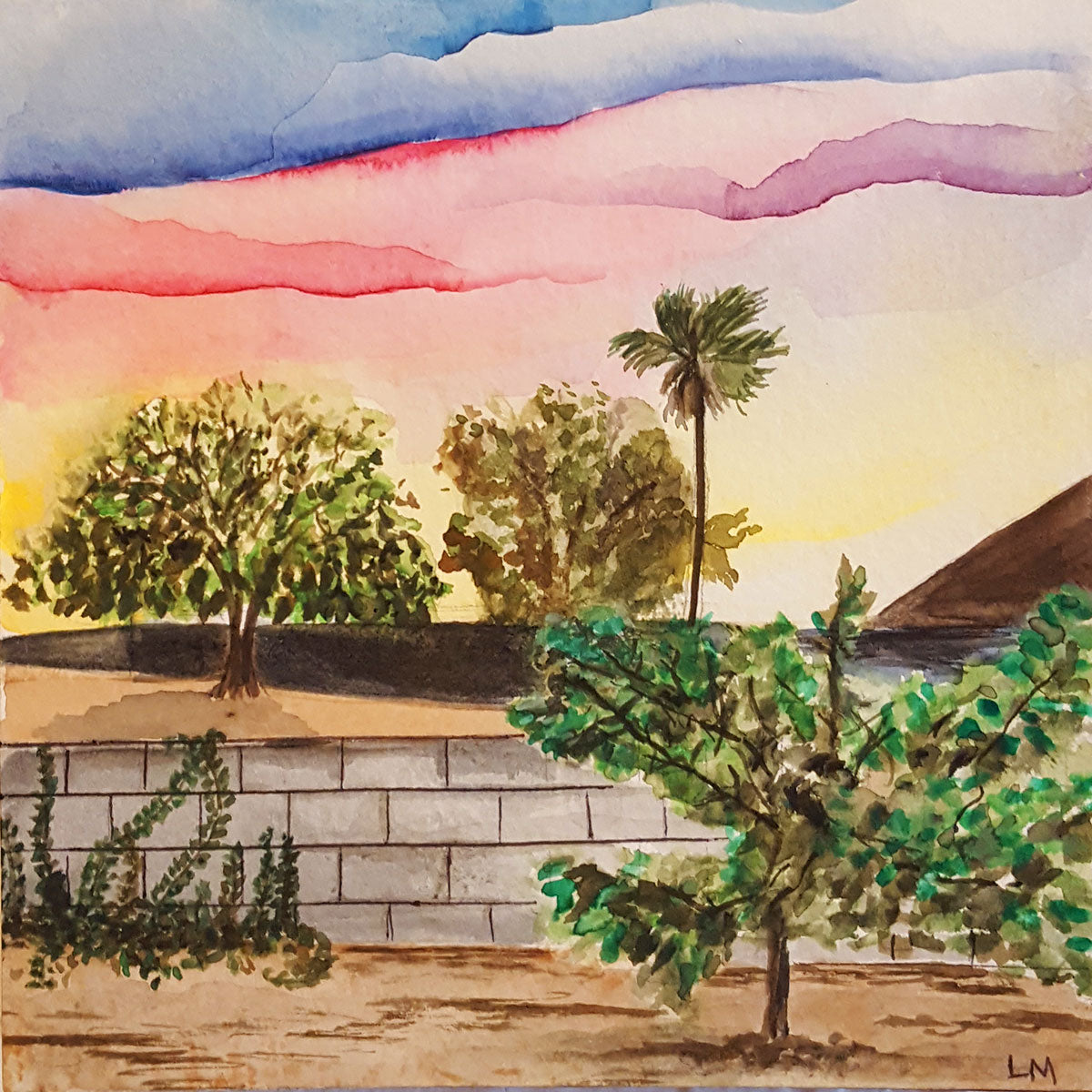 Arizona sunset at dusk from the back yard. Watercolor painting with palm tree, lemon tree, cat's claw and other native plants