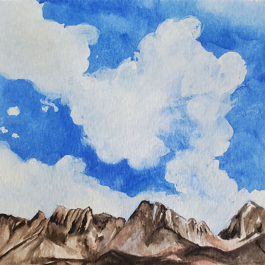 Original watercolor painting North side of the Santa Catalina mountains in Tucson, AZ Painting is mounted on wood block with wire on back, ready to hang 5 inches x 5 inches Signed on back 2022