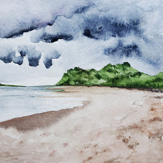 5 by 5 inch watercolor of the beach in samara costa rica on a cloudy day. painting is mounted on board and ready to hang