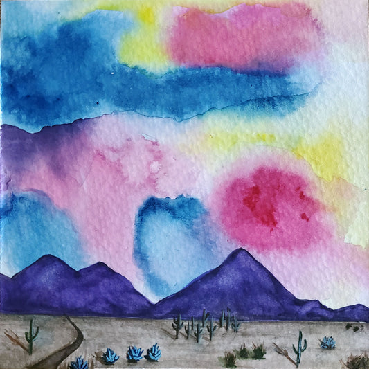 5x5 inch water color painting of the desert featuring saguaro cacti, agave and bright colorful monsoon sky with mountain range