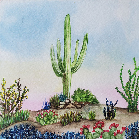 Early morning view of the Sonoran desert with Saguaro cactus, in the summer Painting is mounted on panel with wire on back, ready to hang 5 inches x 5 inches x 7/8 inch Signed on back 2023