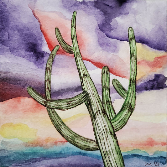 Old leaning cactus in the Sonoran desert in Tucson, AZ Watercolor and ink on watercolor paper Painting is mounted on wood panel, with hanging wire on back 5 inches x 5 inches x 3/4 inch Signed  2021