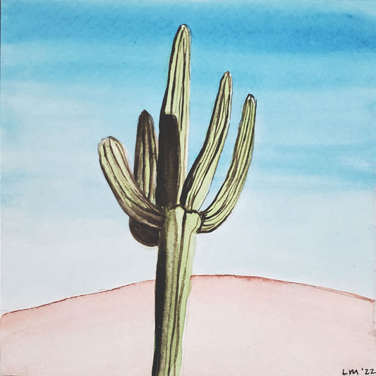 Watercolor painting of single saguaro cactus mounted on board. 
