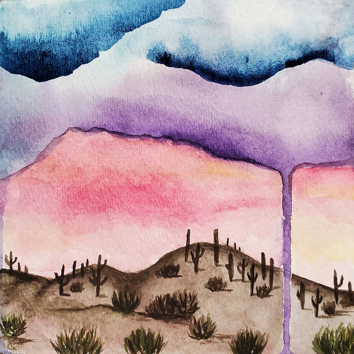 Original watercolor of the Sonoran desert in the summer Mounted on board, wire on back (ready to hang!) View from a hike in Tucson, AZ 5 inches x 5 inches x 3/4 inch Signed on back 2021 Depicts saguaro cacti with a pink and blue sky