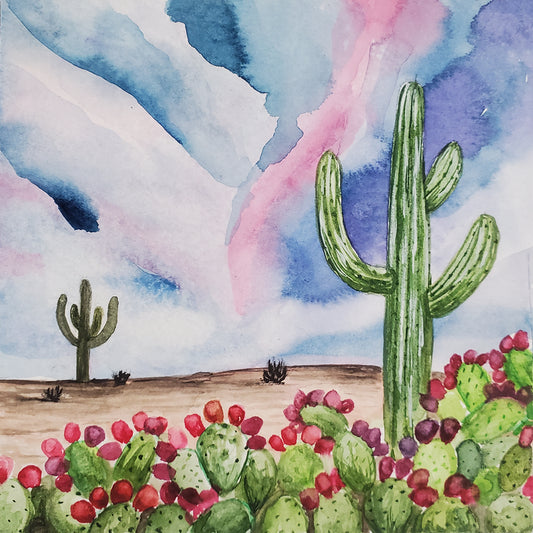 Original watercolor painting of saguaro cactus surrounded by prickly pear, with monsoon skies Painting is mounted on wood panel with hanging wire on the back 5 inches x 5 inches x 3/4 inch Signed  2022