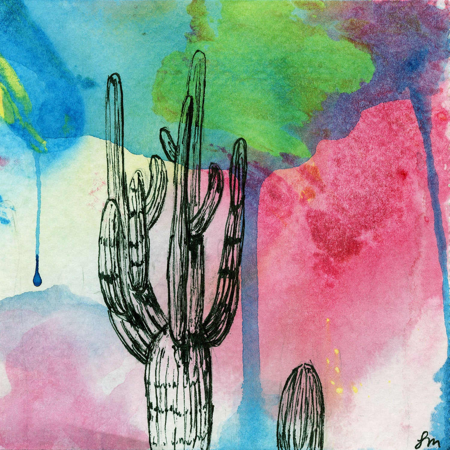 Line drawing of cacti with abstract watercolor background mounted on board. Dimensions are 5 inches x 5 inches x 3/4 inch. Border is painted dark metallic bronze. Original signed painting.