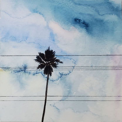 Single palm tree with monsoon skies and telephone wires Painting is mounted on panel with wire on back, ready to hang 5 inches x 5 inches x 7/8 inch Signed on back 2023