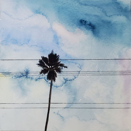 Single palm tree with monsoon skies and telephone wires Painting is mounted on panel with wire on back, ready to hang 5 inches x 5 inches x 7/8 inch Signed on back 2023