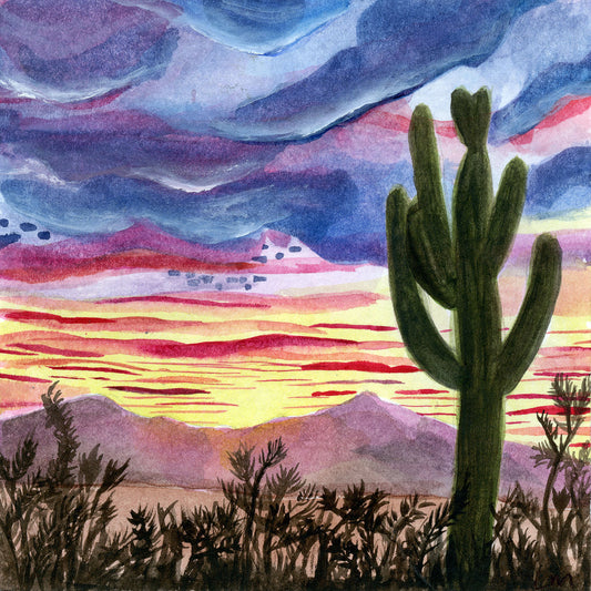 Small watercolor painting of the Sonoran desert sunrise with saguaro cactus as viewed from Tumamoc Hill in Tucson, AZ. Mounted on board. Dimensions are 5 inches x 5 inches x 3/4 inch. Border is painted dark metallic bronze. Original signed painting.