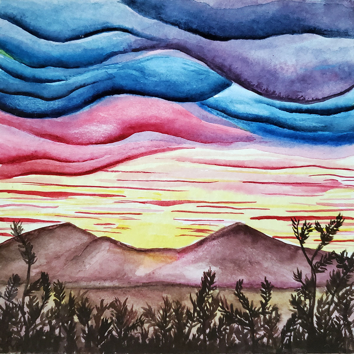 Small watercolor painting of the Sonoran desert sunrise as viewed from Tumamoc Hill in Tucson, AZ. Mounted on board. Dimensions are 5 inches x 5 inches x 3/4 inch. Border is painted dark metallic bronze. Original signed painting.