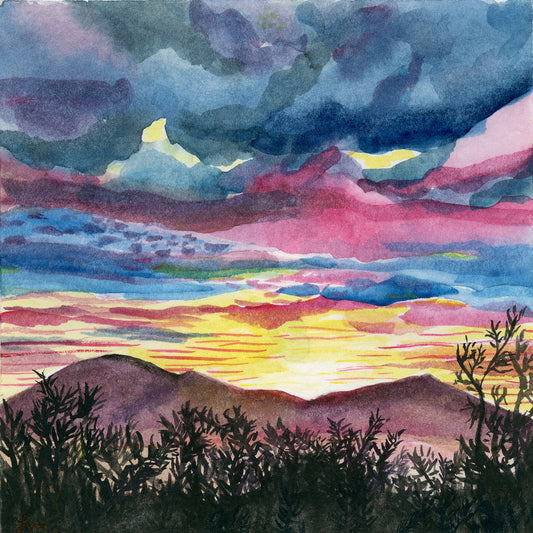Small watercolor painting of the Sonoran desert sunrise as viewed from Tumamoc Hill in Tucson, AZ. Mounted on board. Dimensions are 5 inches x 5 inches x 3/4 inch. Border is painted dark metallic bronze. Original signed painting.