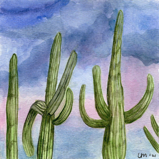Watercolor painting of saguaro cactus with pink and blue sky. Mounted on board. Dimensions are 5 inches x 5 inches x 3/4 inch. Border is painted dark metallic bronze. Original signed painting.