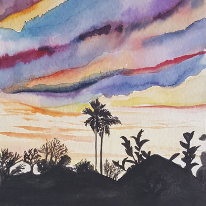 watercolor painting of arizona sunset with palmtrees